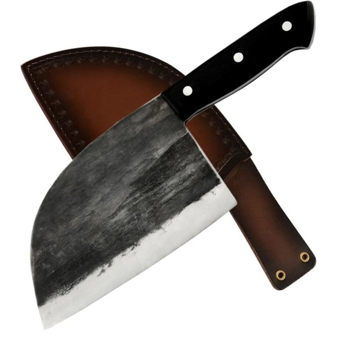 Pruchef - Hand Forged Butcher Knife With Leather Sheath - Black