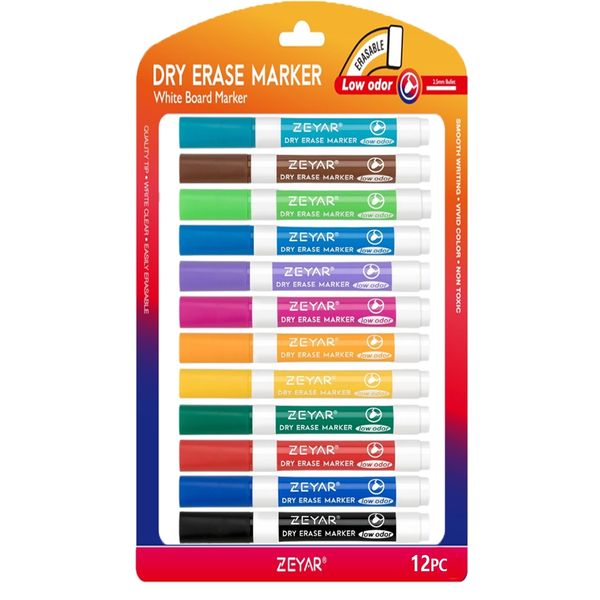 ZEYAR - Whiteboard Marker Set, Fine Tip, Low Odour, Clear Writing, 3 Options