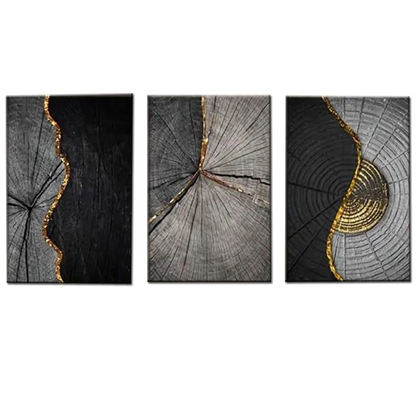 Canvas- Art - 3 Pieces Black &amp; Gold Wood Abstract Canvas Wall Art Decor
