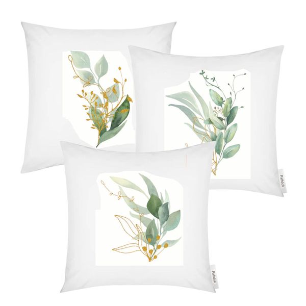 Pandok - 3 Piece Scatter Cushion Cover Set – Green &amp; Gold Leaf Art