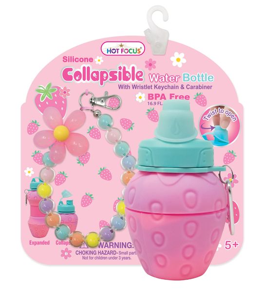 Hot Focus Strawberry Silicone Collapsible Water Bottle with Keychain 600ml