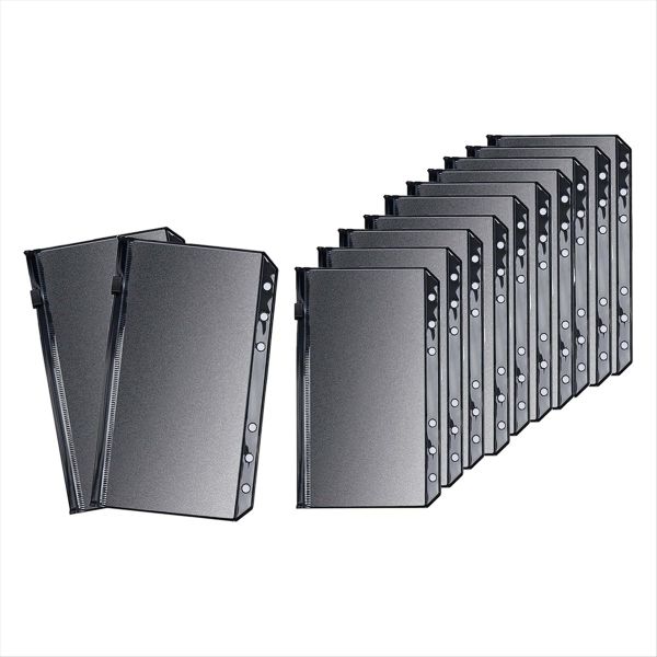 12pcs Black A6 Binder Pockets PVC Cash Envelopes Budget Money Zipper Pouch