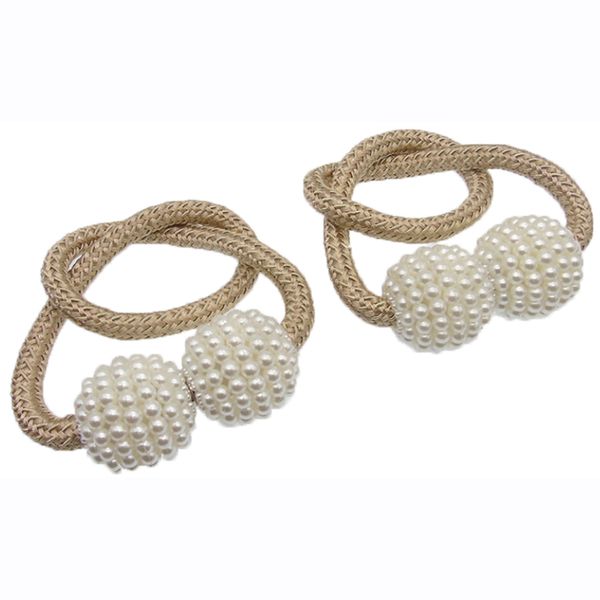 Magnetic Curtain Rope Tieback with Pearl End - Beige - Qty 2