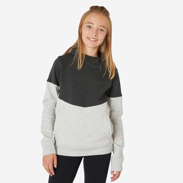 Domyos Kids Breathable Cotton Hoodie 500 - Heathered Light Grey &amp; Black