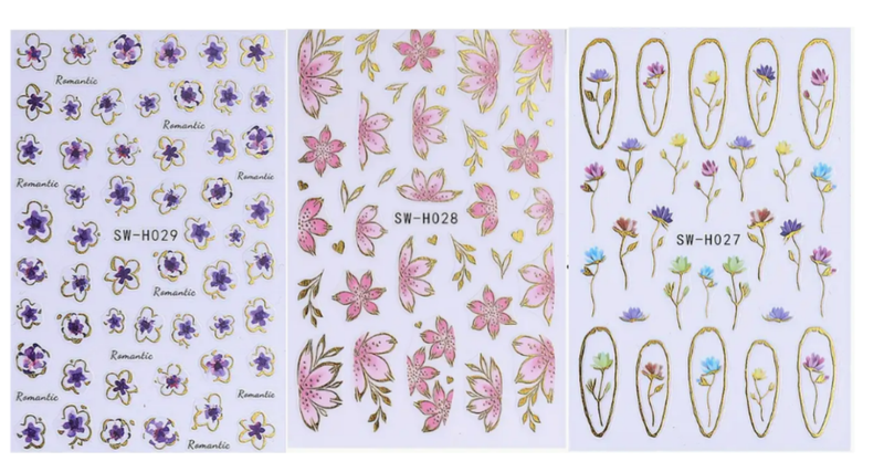 3Piece Purple Pink Watercolour Floral Nail Stickers