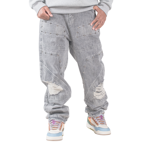 Men's Grey Utility Ripstop Distressed Baggy Jeans