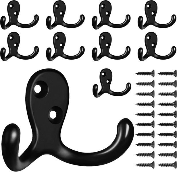 Heavy Duty Wall Hooks - Double Prong Metal Coat Hooks - Black Zinc Alloy