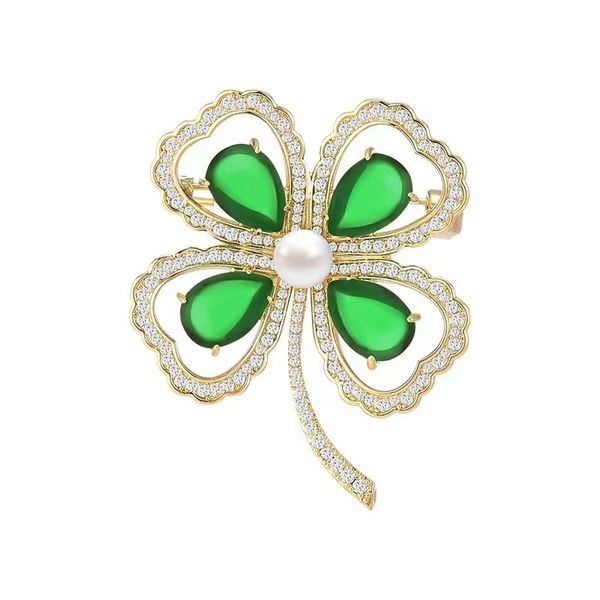 Green Crystal Four Leaf Clover Brooch with Pearl