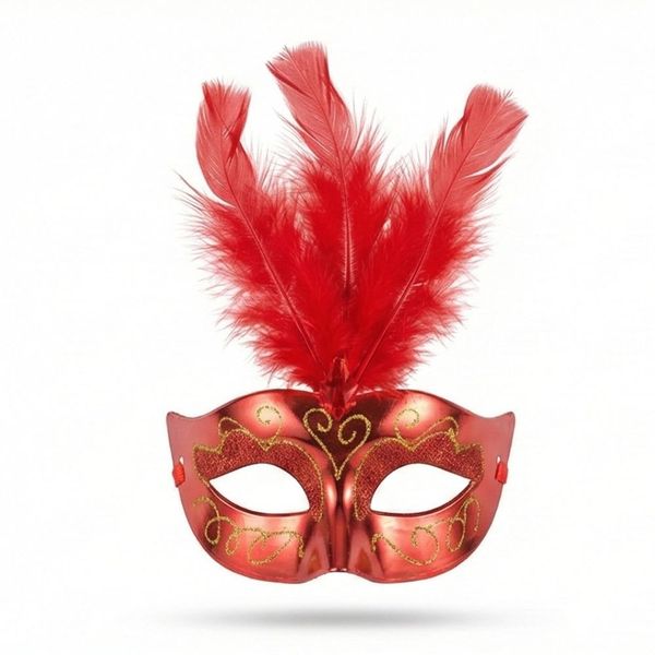 Stunning Red Venetian Masquerade Mask with Feathers and Gold Glitter