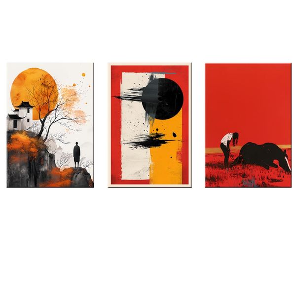 Canvas-Art-3 Pieces Red &amp; Yellow Minimalist Wall Art