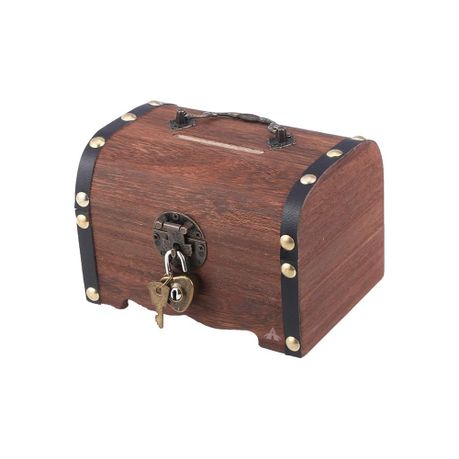 Piggy Bank Vintage Wood Treasure Chest Coin Money Bank Money Storage Box Image