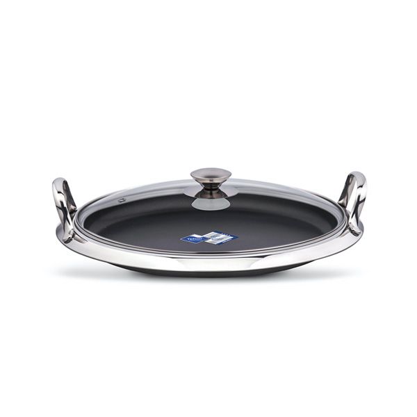 30cm Non-Stick Stainless Steel Griddle Pan with Glass Lid