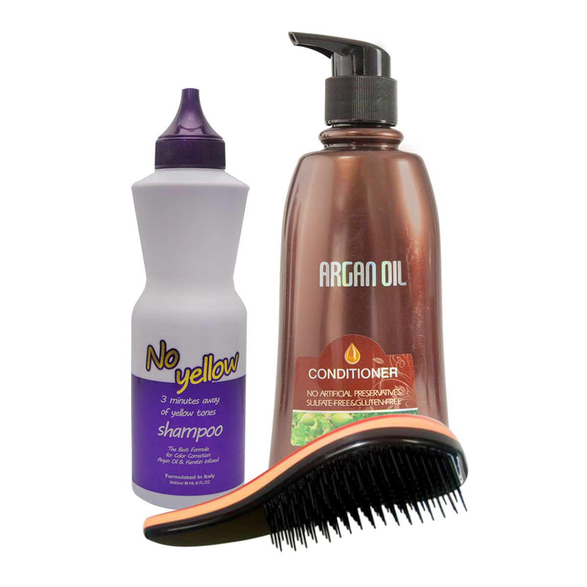 Argan Oil Conditioner 750ml + No Yellow Shampoo 500ml + Detangling Brush