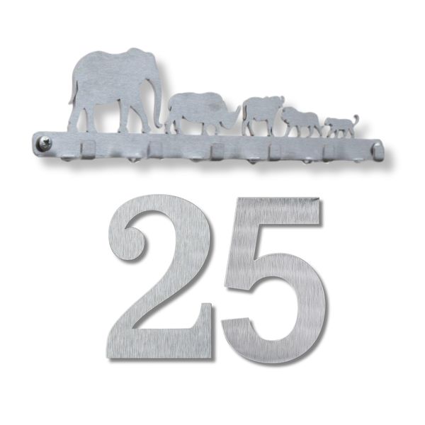 Stainless Steel House Numbers (228mm) with Elephant-Themed Key Holder