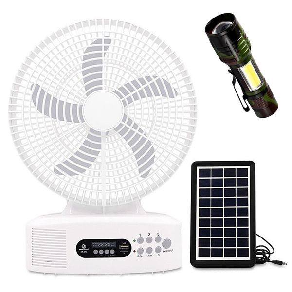 Eco Friendly Solar Fan With Built In Speaker, Charge Port LED Light &amp; Torch