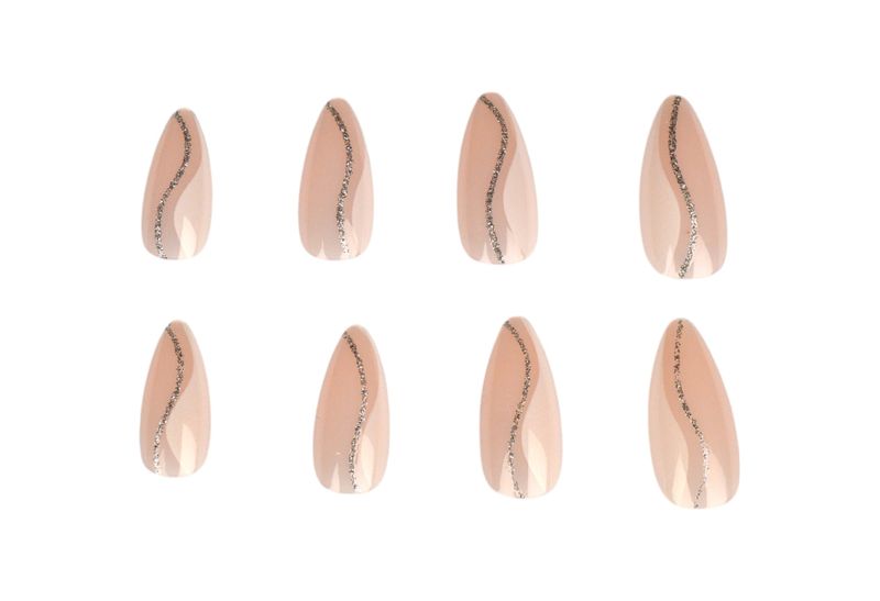 24 Piece Nude Base Glitter Pattern Nail Set - White Silver