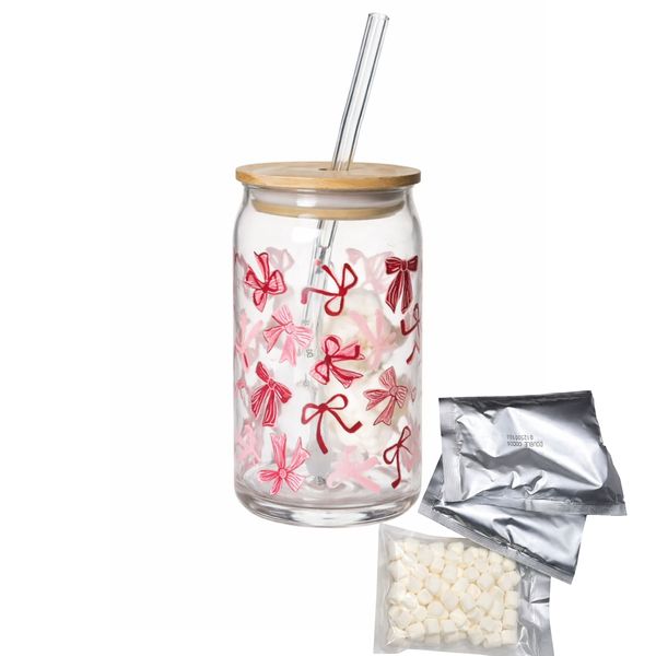Pink Bow Glass Tumbler Includes Hot Chocolate,Cocoa Mix &amp; Mini Marshmallows
