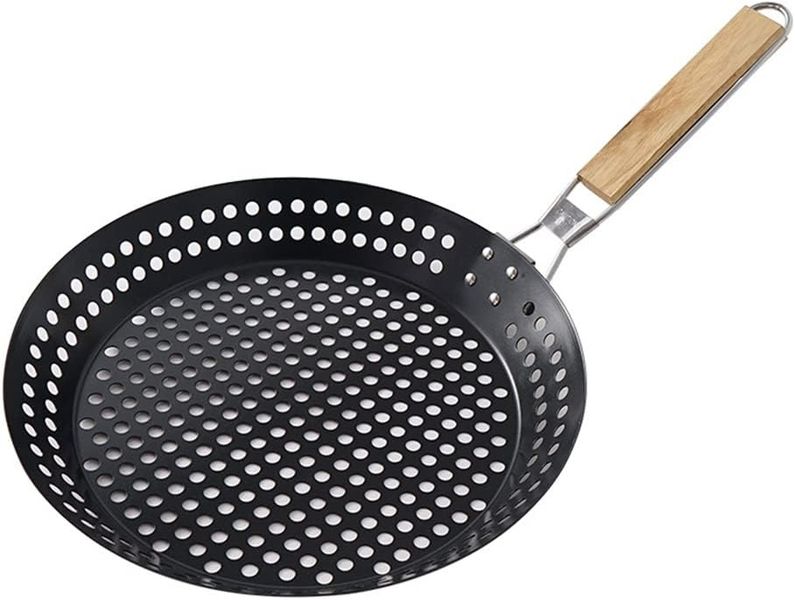 Large Stainless Steel Round Braai Grill Wok Pan &amp; Wooden Foldable Handle