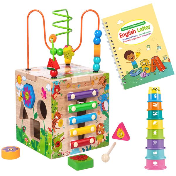 Wooden Montessori Activity Cube Educational Toy Set Stacking Cups &amp; Book