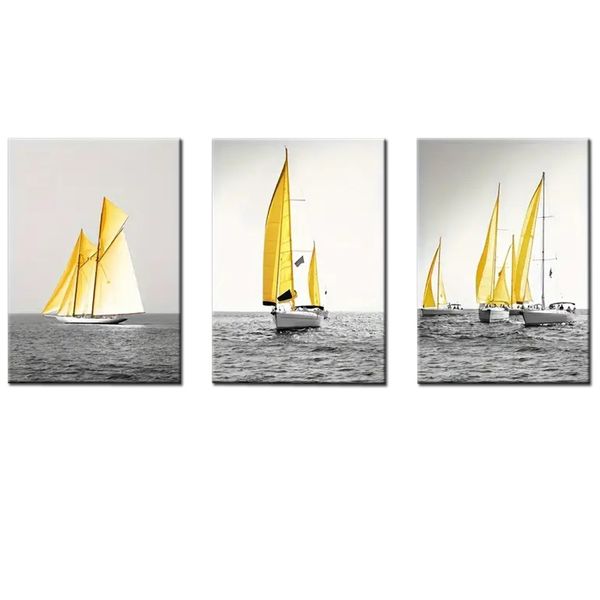 Canvas-Art-3 Pieces Yellow Golden Sailing Boat Print Wall Art