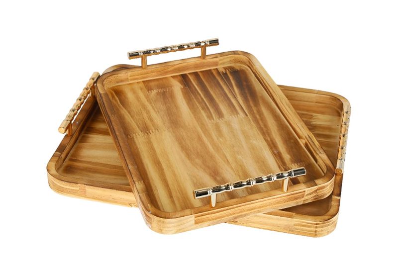 Bamboo RHM Wood Tray with Royal Gold Handle - 2 Piece