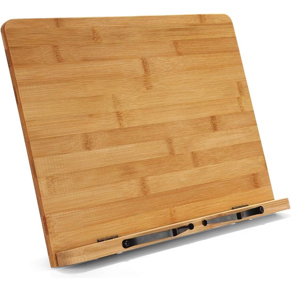 Book Stand Cookbook Holder Bamboo Reading Stand with 2 Metal Side Holders