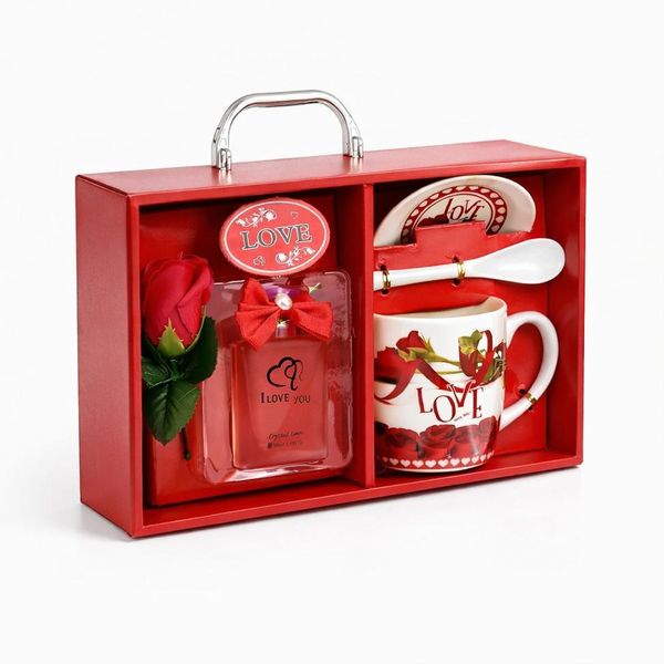 Romantic LOVE Gift Set Mug, Saucer, Spoon, Artificial Rose &amp; Perfume in Box