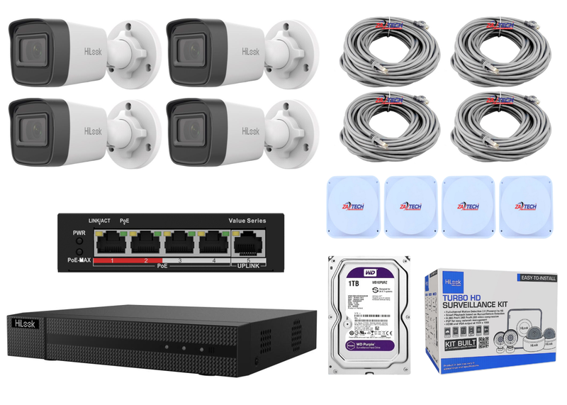 HiLook 4CH NVR Kit with 4x 2MP Cameras + Zatech Cables &amp; Junction Boxes