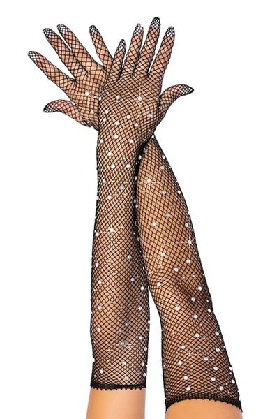 Women Rhinestone Fishnet Long Gloves Mesh Opera Party Halloween Accessories