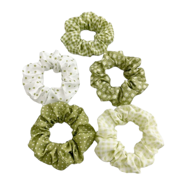 Floral and Polka Dot Print Scrunchie Set- 5 Pieces