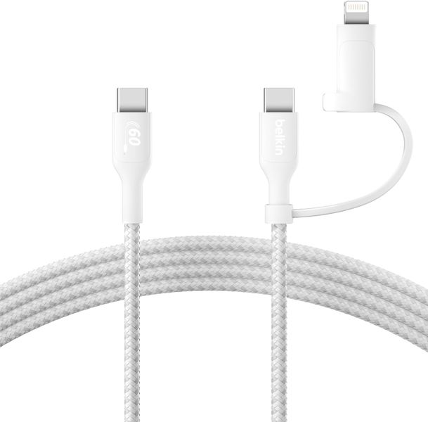 Belkin BoostCharge Pro 2-in-1 USB-C to USB-C &amp; Lightning Braided Fast-Charging Cable 1.5m - White