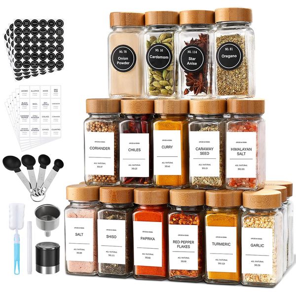 27pcs Spice Jars Containers Set with Label,Grinder,Funnel &amp; Measuring Spoon