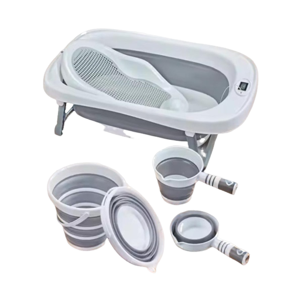 Compact Infant Bathtub and Wash Basin Set - Non-Slip-Grey-3pc