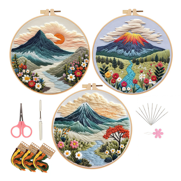 3 Pack Embroidery Kit For Beginners, Landscape Patterns With Hoop
