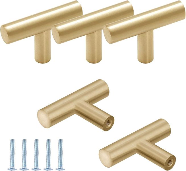 Cabinet Pulls, Gold 5pc 1.93-inch Length Drawer Knobs T-bar Cabinet Handle