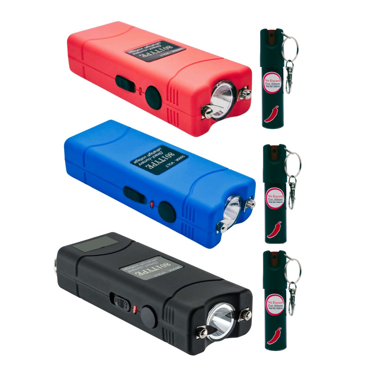 Type 801 Stun Gun Pink, Blue and Black and 3 x Keyring Pepper Spray