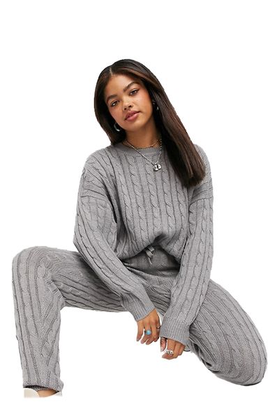 Brave Soul - Co-Ordinating Grey Cable Knit Lounge Set - Grey Melange