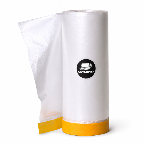CoverPro Masking Film Paint Cover - Pre-Taped Plastic Drop Cloth 5.0m x 20m