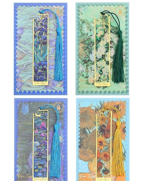 4PCS Oil Painting Metal Hollow Bookmark Commemorative Gift Tassel Bookmark