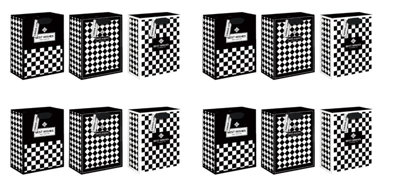 x12 Piece Dice Squared Black &amp; White Gift Bag Set - 26 × 32 × 12.5cm.