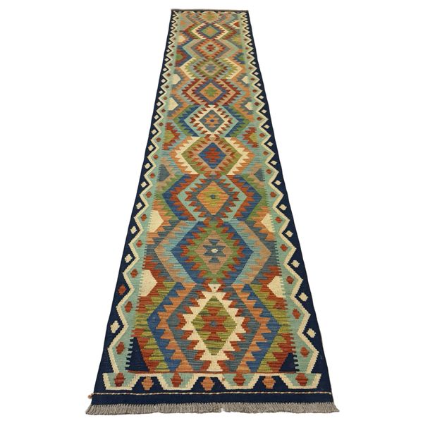 385 x 76cm Colorful Hand Woven Geometric Design Kilim Runner Rug