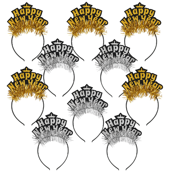 Happy New Year Headbands (10 Pack) - Gold and Silver Tinsel Party Hairbands