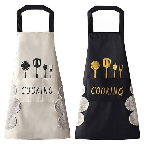 2 Pack Kitchen Aprons with Hand Wipe Pockets Waterproof Cooking Apron