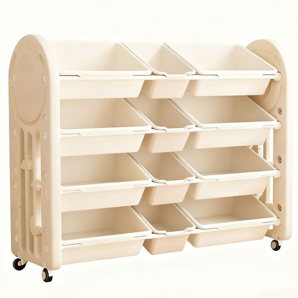 Four-Tier Toy and Miscellaneous Organizer with 12 Removable Bins and Wheels