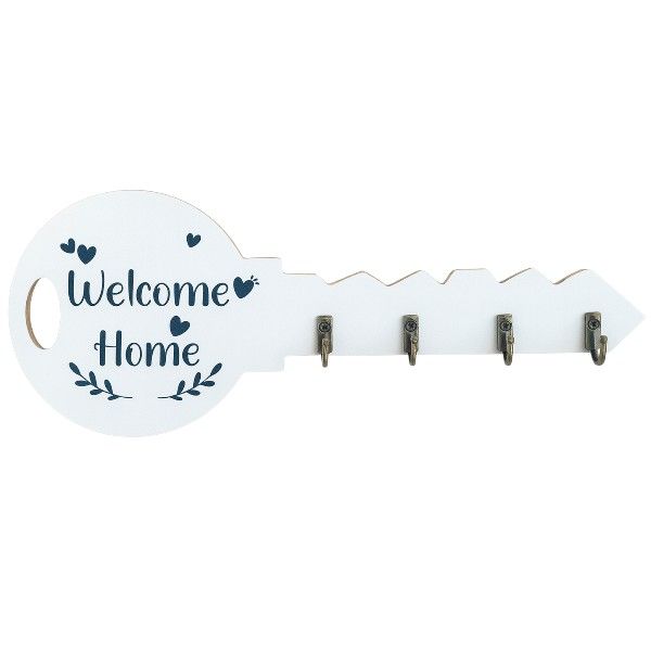 Key-Shaped Wooden "Welcome Home" Wall Key Holder