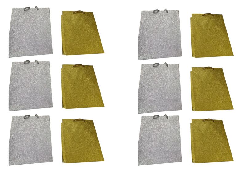 12 Piece Sparkling Gold &amp; Silver Grey Gift Bag Set - 18 × 23 × 10cm.