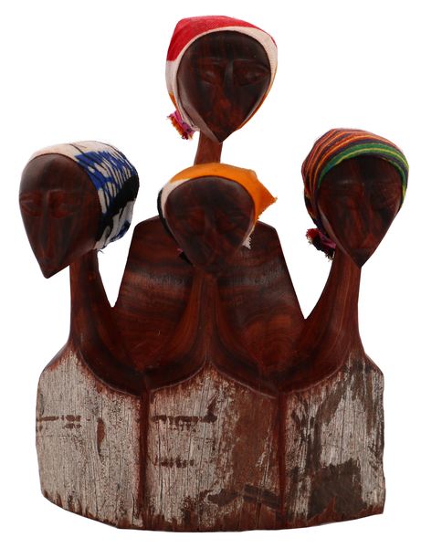 African Hand Carved 4 Head Figurine from Solid Bark Head
