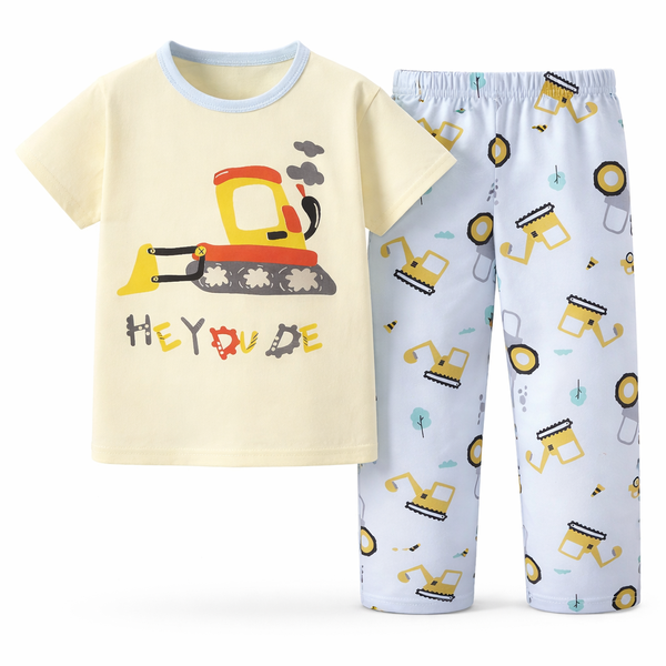 Excavator Themed Kids Pajama Set - Multicolor