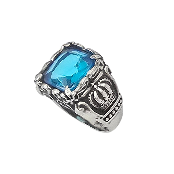 Men's Royal Crown Aquamarine Blue Stone Ring