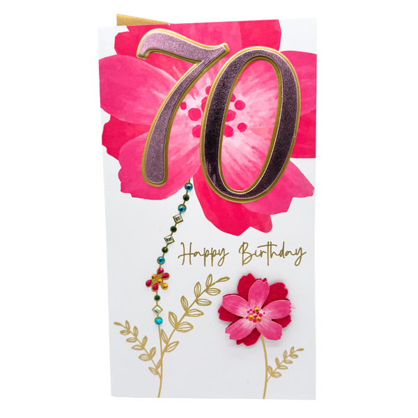 70th Birthday card - Female - pink flowers